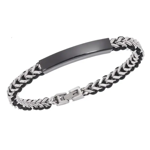 Βραχιόλι Senza Men&#039;s Steel, με μαύρη ταυτότητα