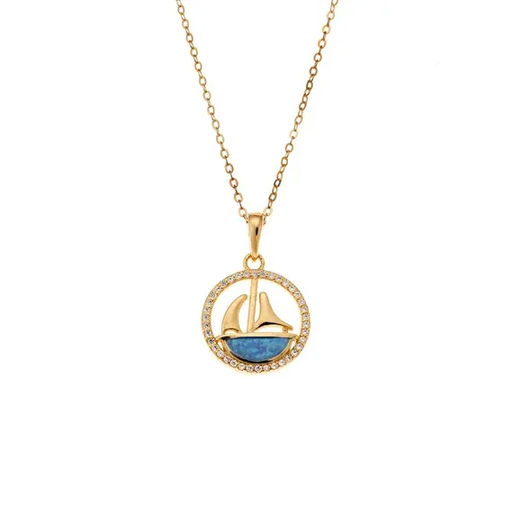 Κολιέ SENZA Gold Plated Ασήμι 925 Καράβι σε Κύκλο με Όπαλ