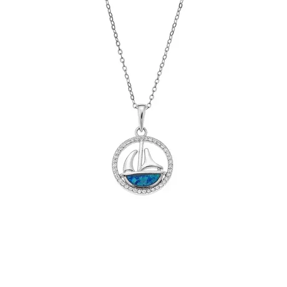 Κολιέ SENZA Rhodium Plated Ασήμι 925 Καράβι σε Κύκλο με Όπαλ