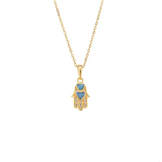 Κολιέ SENZA Gold Plated Ασήμι 925 Hamsha με Ζιργκόν &amp; Όπαλ