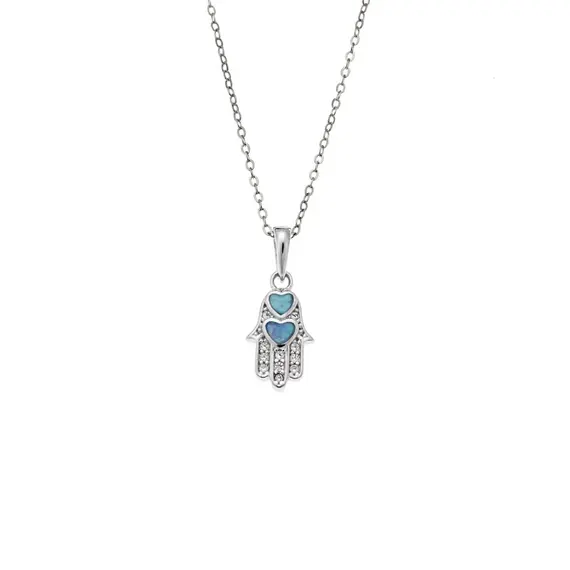 Κολιέ SENZA Rhodium Plated Ασήμι 925 Hamsha με Ζιργκόν &amp; Όπαλ