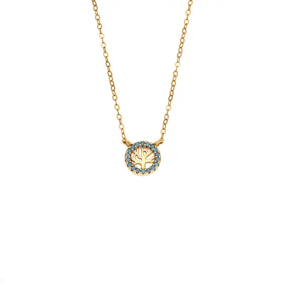 Κολιέ SENZA Δέντρο της Ζωής Gold Plated Ασήμι 925 Double Face Turquoise