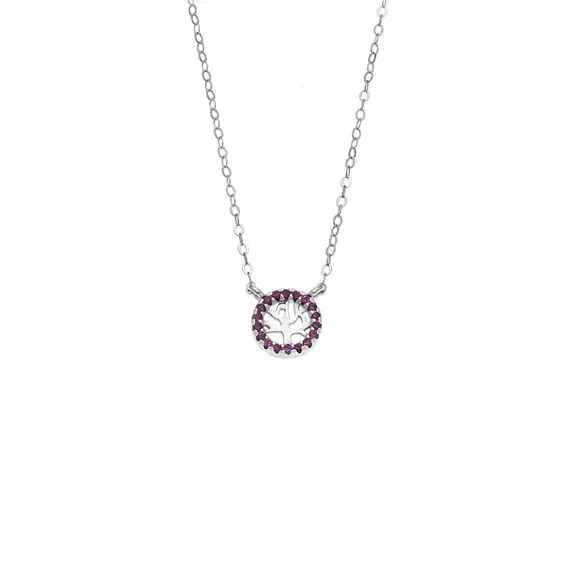 Κολιέ SENZA Δέντρο της Ζωής Rhodium Plated Ασήμι 925 Double Face Fouchsia