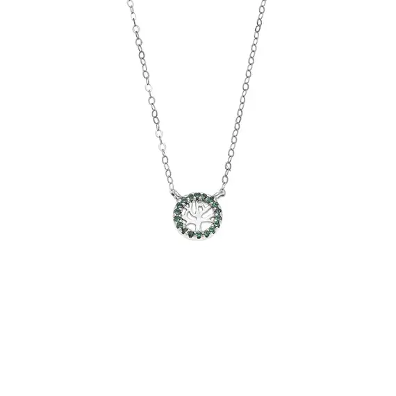 Κολιέ SENZA Δέντρο της Ζωής Rhodium Plated Ασήμι 925 Double Face Green