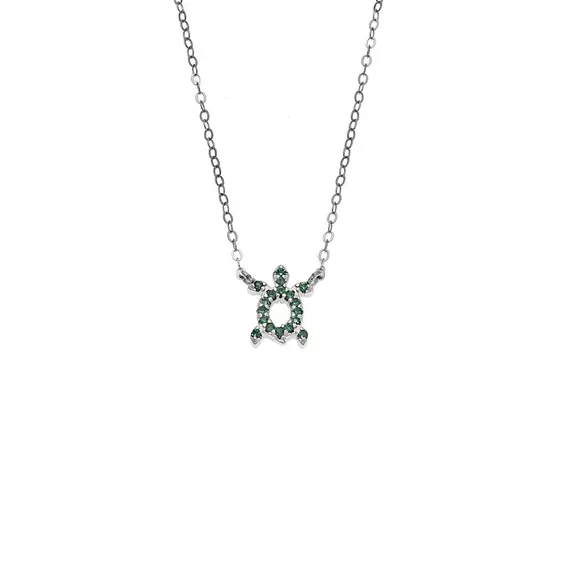 Κολιέ SENZA Χελώνα Rhodium Plated Ασήμι 925 Double Face Green