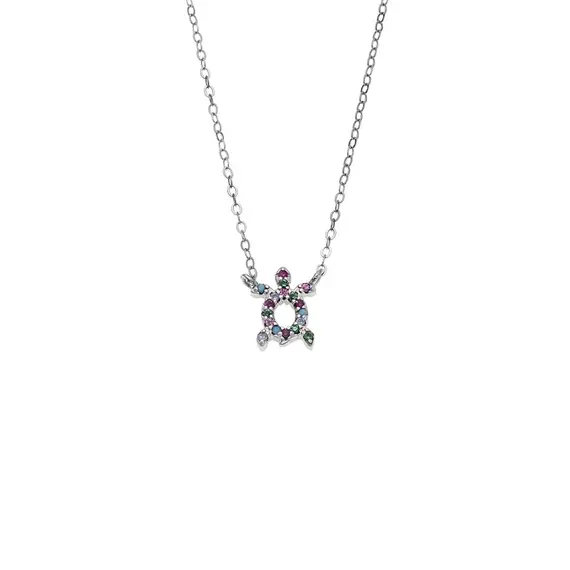 Κολιέ SENZA Χελώνα Rhodium Plated Ασήμι 925 Double Face Rainbow