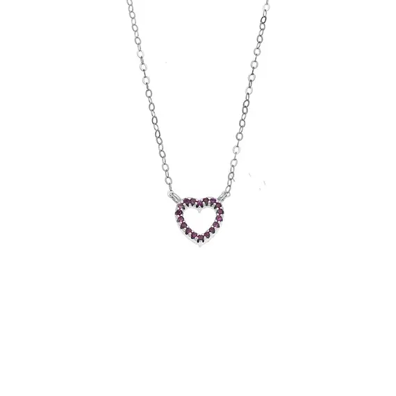Κολιέ SENZA Καρδιά Rhodium Plated Ασήμι 925 Double Face Fouchsia