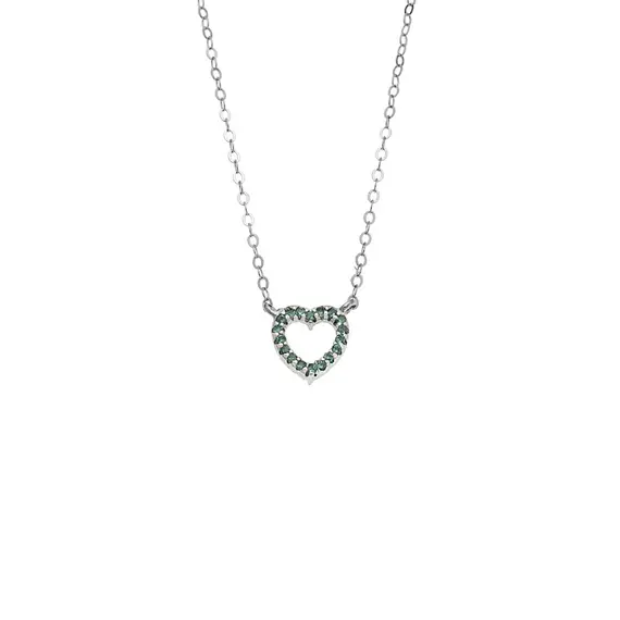 Κολιέ SENZA Καρδιά Rhodium Plated Ασήμι 925 Double Face Green