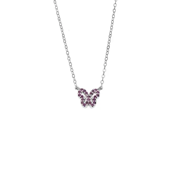 Κολιέ SENZA Πεταλούδα Rhodium Plated Ασήμι 925 Double Face Fouchsia