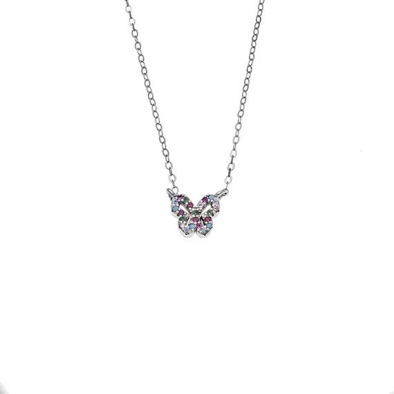 Κολιέ SENZA Πεταλούδα Rhodium Plated Ασήμι 925 Double Face Rainbow