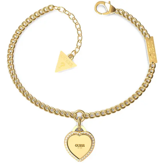 GUESS STEEL Fine Heart Χρυσό Βραχιόλι Με Καρδιά Και Ζιργκόν 18.41cm JUBB01422JWYGS