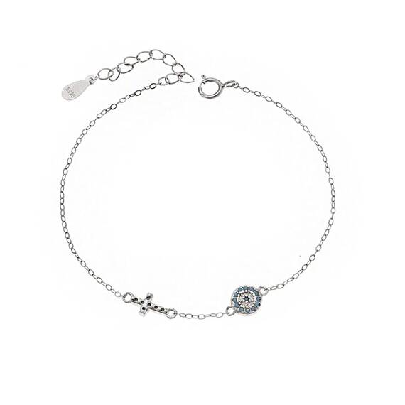 Βραχιόλι Senza Silver 925, Ματάκι και σταυρός με τυρκουάζ ζιργκόν