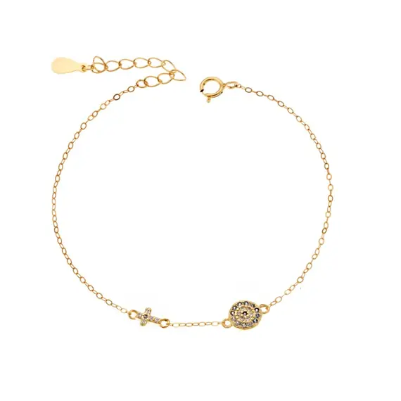 Βραχιόλι Senza Silver 925 Gold Plated, Ματάκι γαλάζιο και σταυρός με ζιργκόν