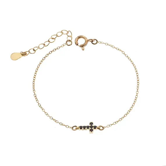 Βραχιόλι Senza Silver 925 Gold Plated, σταυρός με μαύρα &amp; λευκά ζιργκόν διπλής όψης