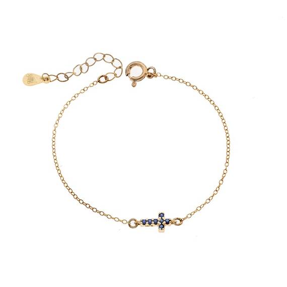 Βραχιόλι Senza Silver 925 Gold Plated, σταυρός με μπλε &amp; λευκά ζιργκόν διπλής όψης