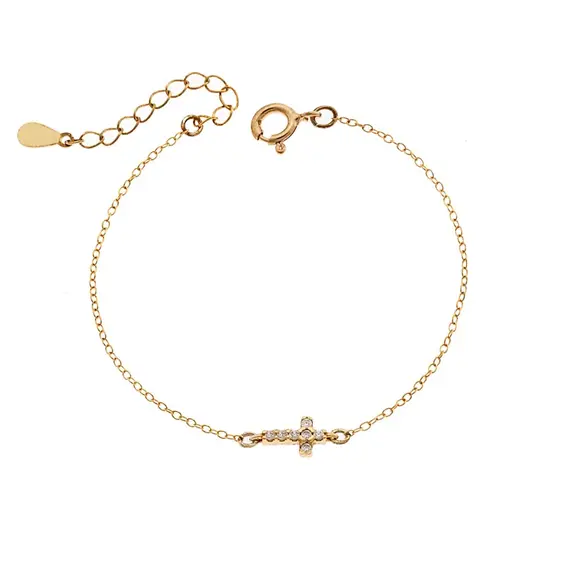 Βραχιόλι Senza Silver 925 Gold Plated, σταυρός με φούξια &amp; λευκά ζιργκόν διπλής όψης