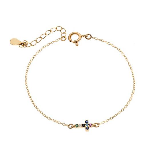 Βραχιόλι Senza Silver 925 Gold Plated, σταυρός με πολύχρωμα &amp; λευκά ζιργκόν διπλής όψης