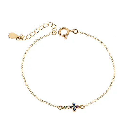 Βραχιόλι Senza Silver 925 Gold Plated, σταυρός με πολύχρωμα &amp; λευκά ζιργκόν διπλής όψης