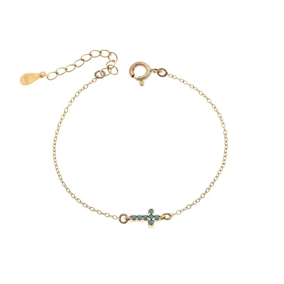 Βραχιόλι Senza Silver 925 Gold Plated, σταυρός με τυρκουάζ &amp; λευκά ζιργκόν διπλής όψης