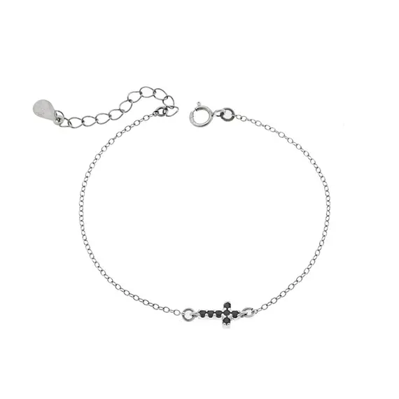 Βραχιόλι Senza Silver 925, σταυρός με μαύρα &amp; λευκά ζιργκόν διπλής όψης