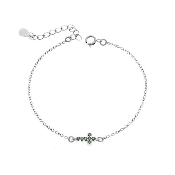 Βραχιόλι Senza Silver 925, σταυρός με πράσινα &amp; λευκά ζιργκόν διπλής όψης