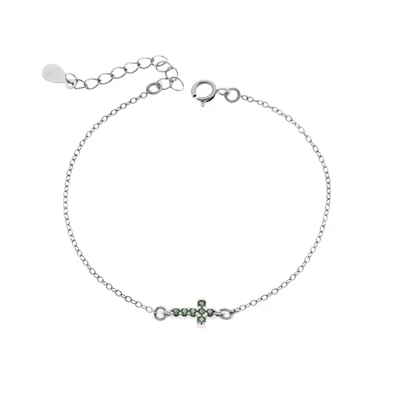 Βραχιόλι Senza Silver 925, σταυρός με πράσινα &amp; λευκά ζιργκόν διπλής όψης