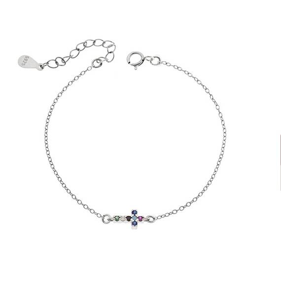 Βραχιόλι Senza Silver 925, σταυρός με πολύχρωμα &amp; λευκά ζιργκόν διπλής όψης