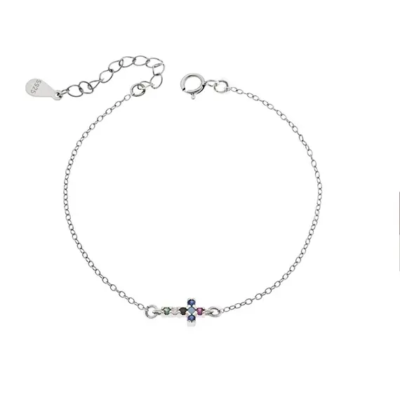 Βραχιόλι Senza Silver 925, σταυρός με πολύχρωμα &amp; λευκά ζιργκόν διπλής όψης