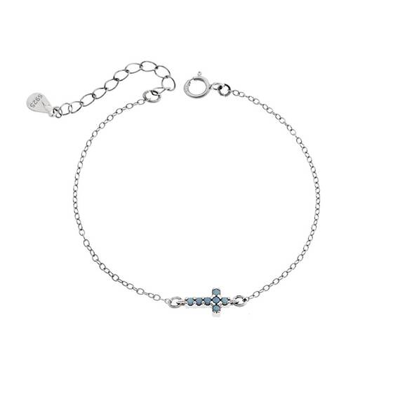 Βραχιόλι Senza Silver 925, σταυρός με τυρκουάζ &amp; λευκά ζιργκόν διπλής όψης