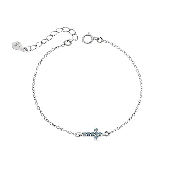 Βραχιόλι Senza Silver 925, σταυρός με τυρκουάζ &amp; λευκά ζιργκόν διπλής όψης
