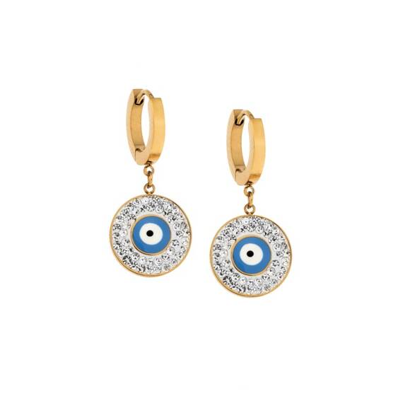 Σκουλαρίκια SENZA Steel Gold Plated, κρίκοι με γαλάζιο ματάκι και λευκές πέτρες