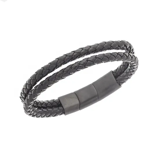 Βραχιόλι Senza Men&#039;s Steel Black Leather Strap