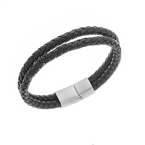 Βραχιόλι Senza Men&#039;s Steel Black Leather Strap