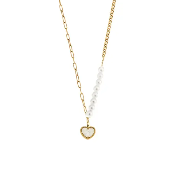Κολιέ Senza Gold Plated Stainless Steel, Καρδιά με φίλντισι και πέρλες