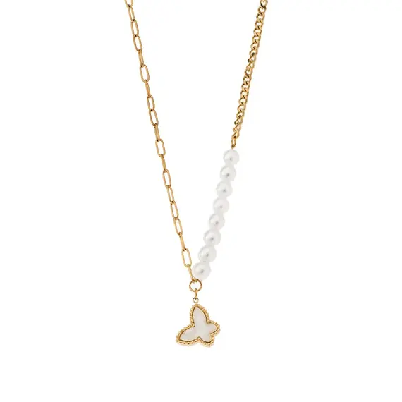 Κολιέ Senza Gold Plated Stainless Steel, Πεταλούδα με φίλντισι και πέρλες