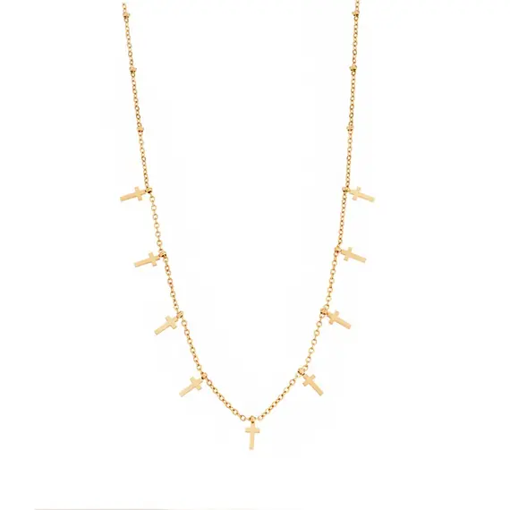 Κολιέ Senza Gold Plated Stainless Steel, Με κρεμαστά Σταυρουδάκια