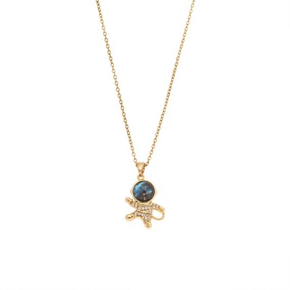 Μενταγιόν Senza Gold Plated Stainless Steel, Αστροναύτης με λευκές πέτρες