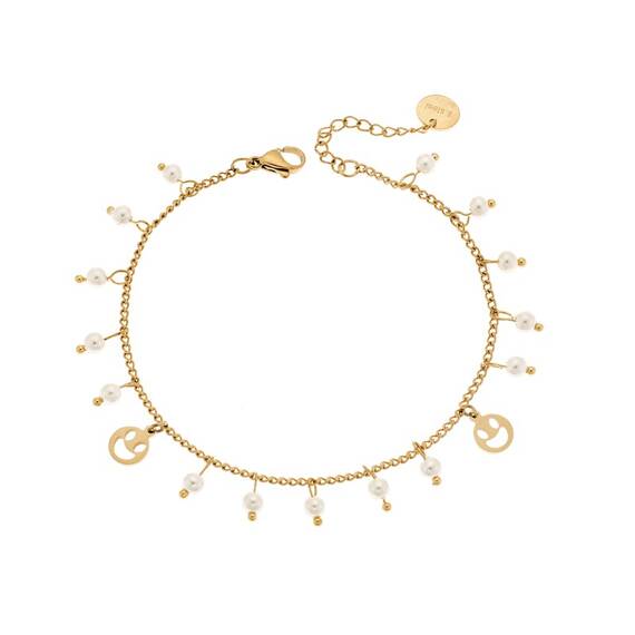 Βραχιόλι Senza Gold Plated Steel, αλυσιδωτό με πέρλες και χαμογελαστή φατσούλα