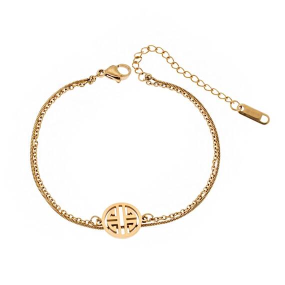 Βραχιόλι Senza Gold Plated Steel, διπλή αλυσίδα &amp; κύκλος με σχέδιο