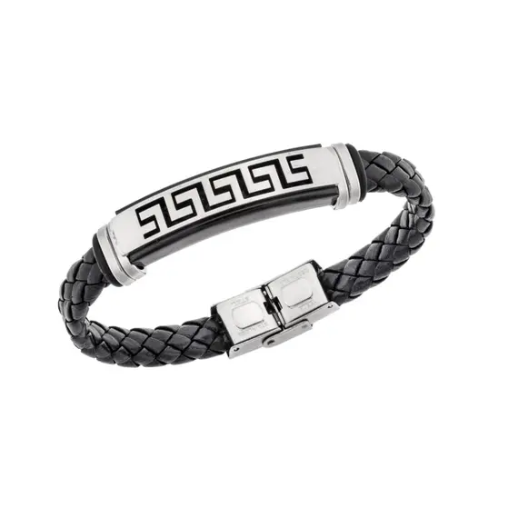 Βραχιόλι Senza Men&#039;s Steel, Ατσάλι με μαίανδρο και μαύρη δερματίνη