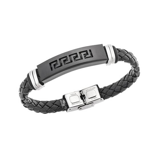 Βραχιόλι Senza Men&#039;s Steel, Ατσάλι με μαίανδρο και μαύρη δερματίνη