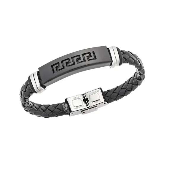 Βραχιόλι Senza Men&#039;s Steel, Ατσάλι με μαίανδρο και μαύρη δερματίνη