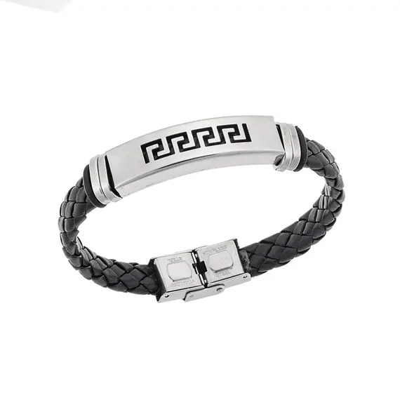 Βραχιόλι Senza Men&#039;s Steel, Ατσάλι με μαίανδρο και μαύρη δερματίνη