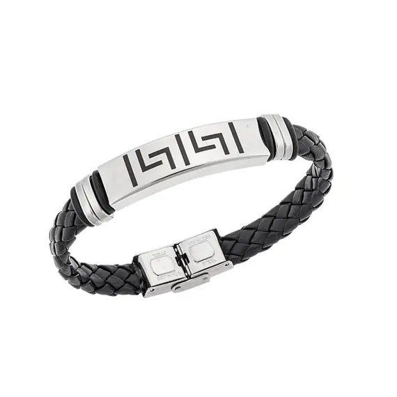 Βραχιόλι Senza Men&#039;s Steel, Ατσάλι με μαίανδρο και μαύρη δερματίνη