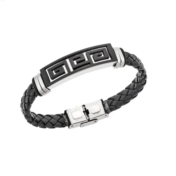 Βραχιόλι Senza Men&#039;s Steel, Ατσάλι με μαίανδρο και μαύρη δερματίνη