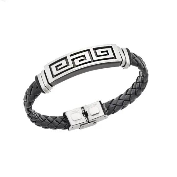 Βραχιόλι Senza Men&#039;s Steel, Ατσάλι με μαίανδρο και μαύρη δερματίνη