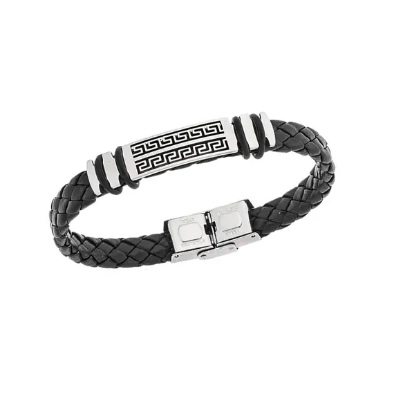 Βραχιόλι Senza Men&#039;s Steel, Ατσάλι με μαίανδρο και μαύρη δερματίνη