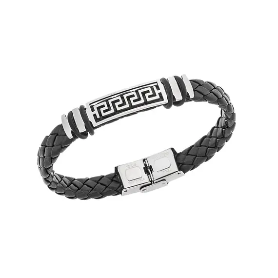 Βραχιόλι Senza Men&#039;s Steel, Ατσάλι με μαίανδρο και μαύρη δερματίνη