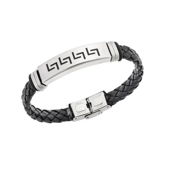 Βραχιόλι Senza Men&#039;s Steel, Ατσάλι με μαίανδρο και μαύρη δερματίνη
