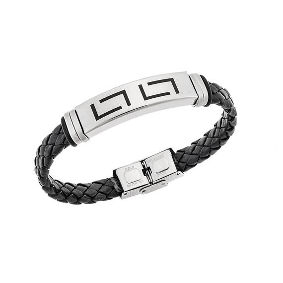 Βραχιόλι Senza Men&#039;s Steel, Ατσάλι με μαίανδρο και μαύρη δερματίνη